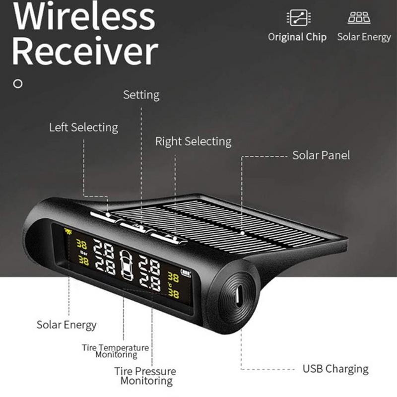 TPMS Automatic Brightness Control USB&Solar Charging Car Tire Wireless Pressure Monitor System Adjustable LCD 4 Tire Sensor