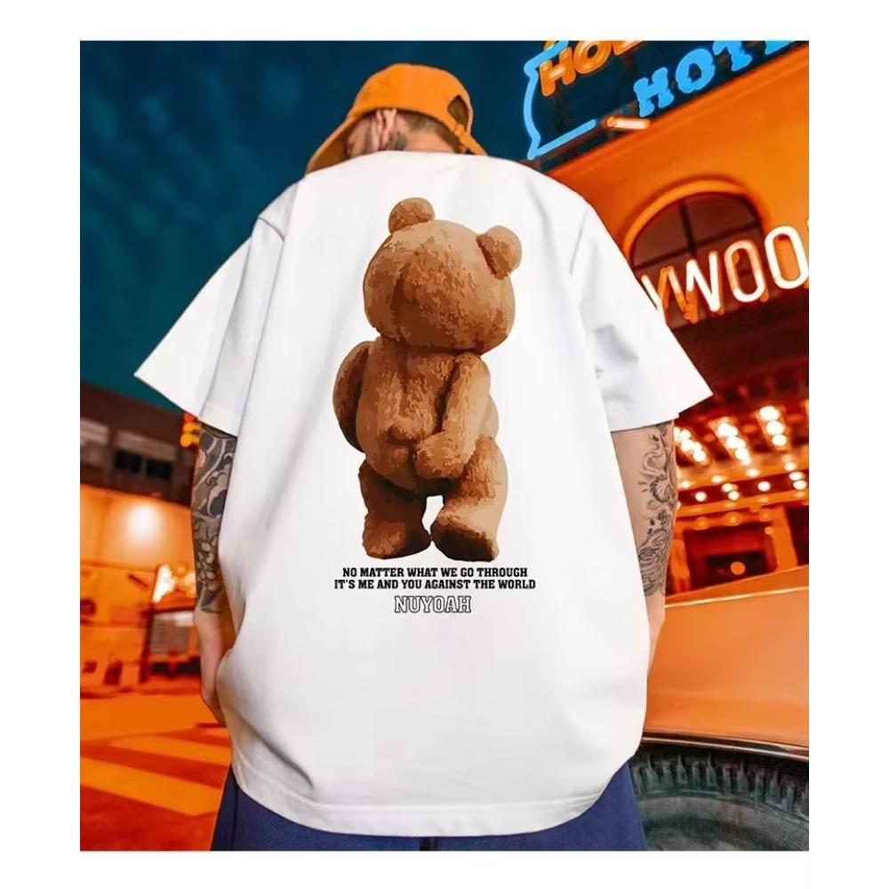 Summer Fashion Heavyweight Retro Men's Bear 100% Cotton Printed Round Neck High-quality Casual Fitness Street T-shirt