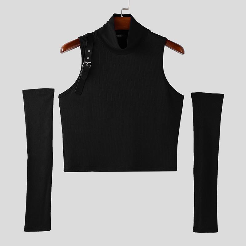 INCERUN Men Turtleneck Sleeveless Rib Casual Fitted Crop Tank Tops with Oversleeve