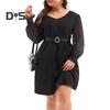 Plus Size Dress V-Neck Hollow Lace Stitching Flared Long Sleeve High Waist Mini Dress Solid Color Casual Mini Dress