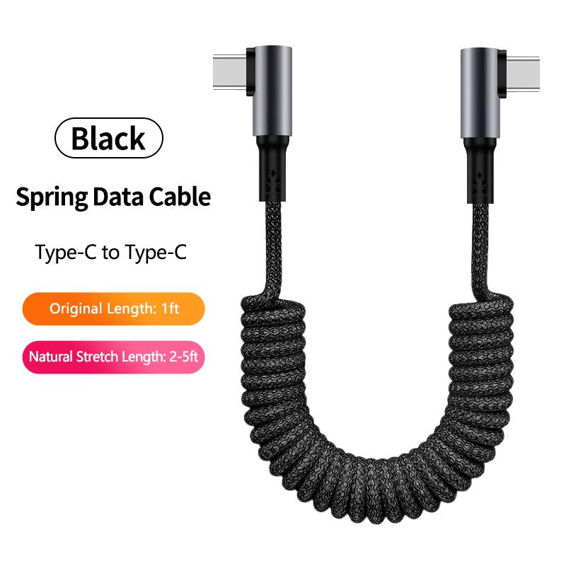 Electronic Accessories 100W 90 Degree Right Angled USB-C Coiled Retractable Data Cable Pure Copper Conductor Braid