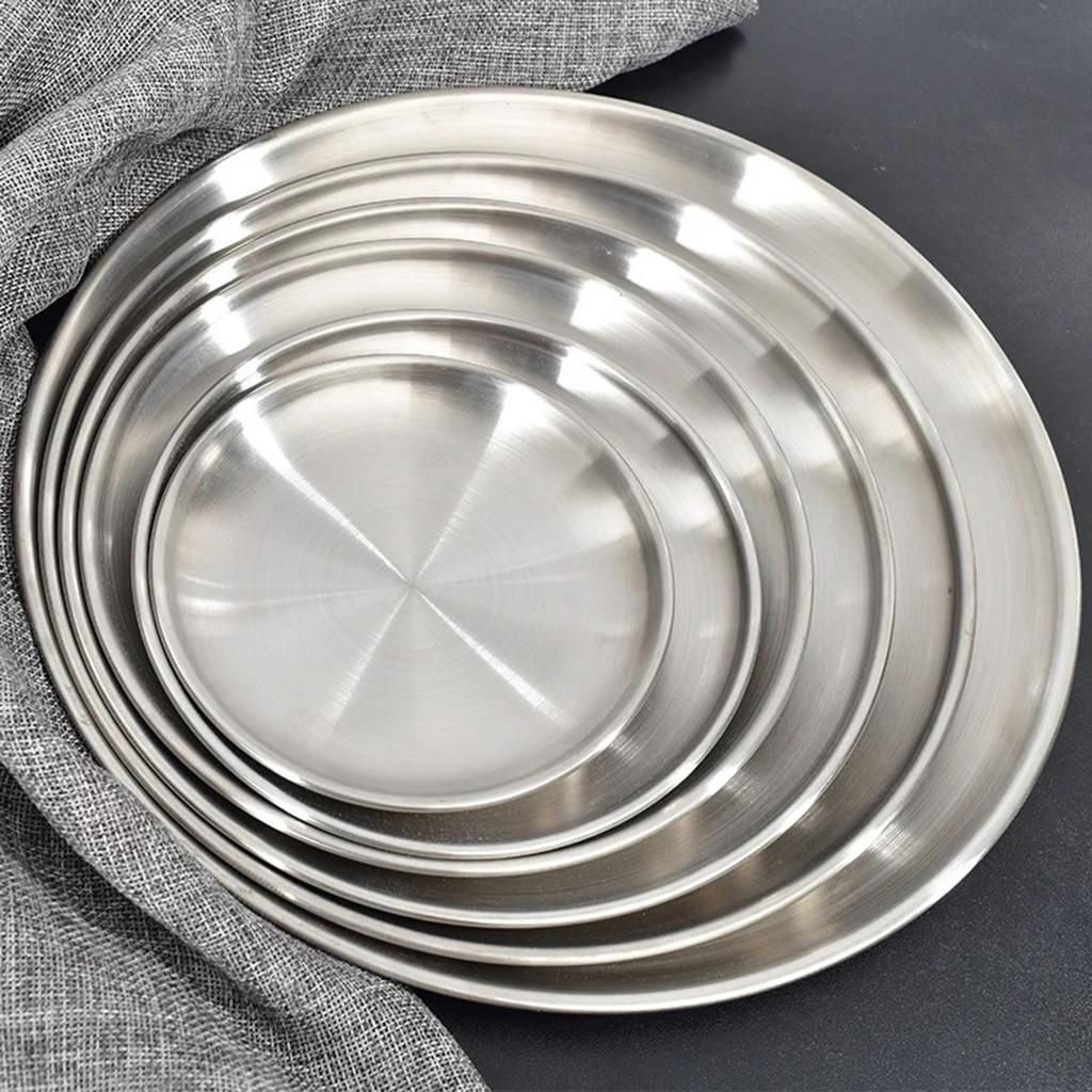 8 Pack Brushed Stainless Steel Plates, Round Kitchen Metal Dish Plates, Camping Serving Plates for BBQ, Snack, Salad, Appetizer, Fruit, Cookies