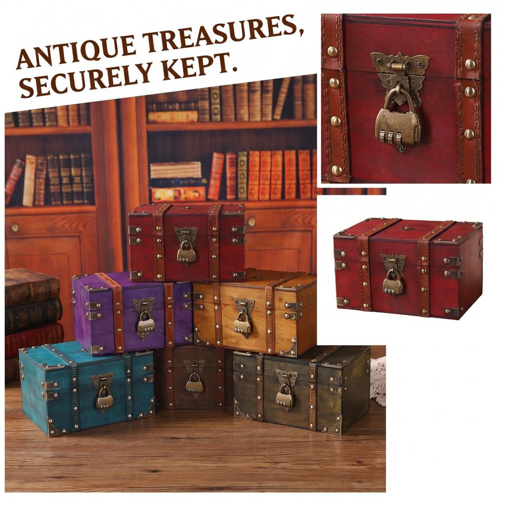 Vintage Wooden Storage Box with Lock, Antique Square Jewelry Chest Multifunctional for Home Decor