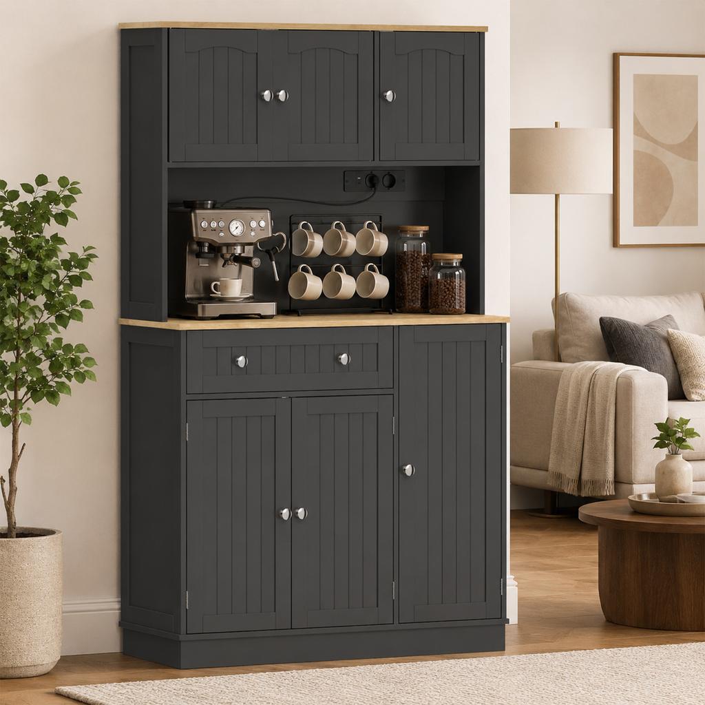 High Kitchen Buffet, 6 Doors, Charging Station, Worktop, Spice Rack, 100 x 40 x 173 cm, Black