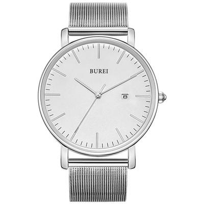 Armbanduhr, schlicht, wasserdicht, analog, beliebte Uhrenmarke, stilvoll, Mailänder Mesh-Armband, weiß, silberfarben [BUREI] Herren [Artikel]