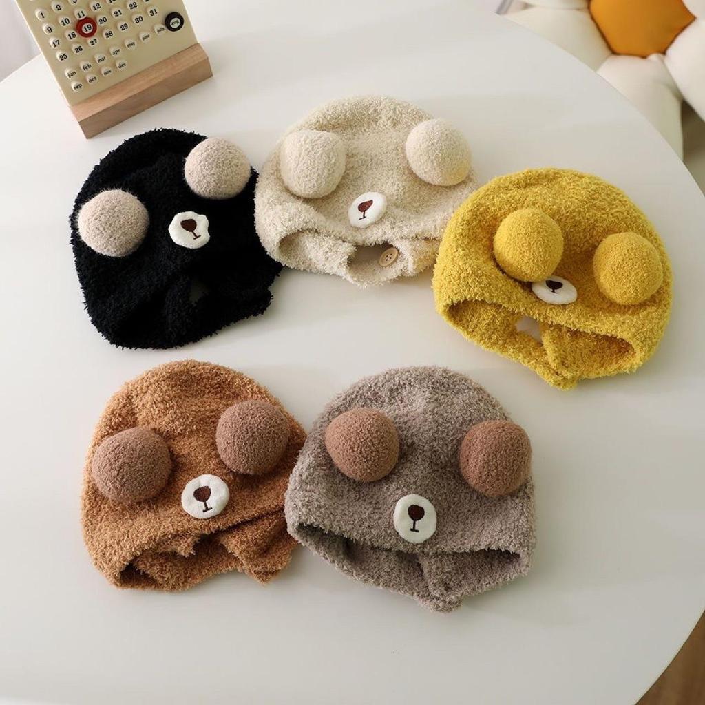 Cute Bear Baby Beanie Cap Autumn Winter Warm Infant Boys Girls Ear Protection Cap Cartoon Solid Color Toddler Hat Bonnet