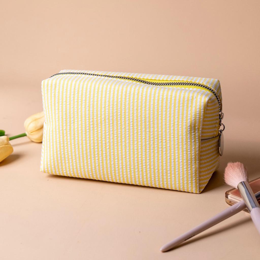 Striped Embroidery Makeup Bag Travel Toiletry Organizer with Bubble Print Waterproof Portable Multi-Compartment