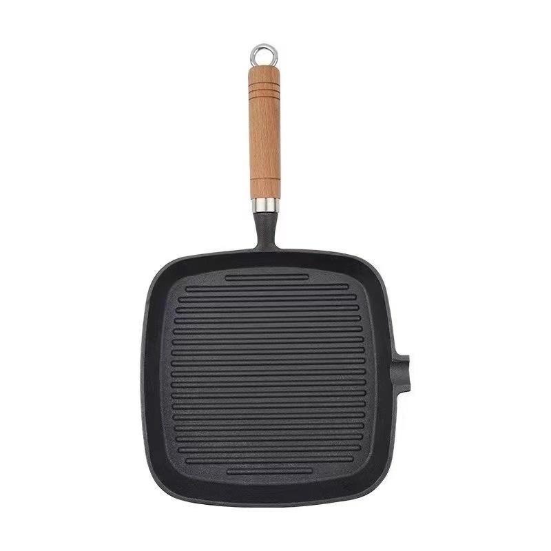 JUSTINLAU Uncoated Cast Iron Striped Steak Skillet Non-Stick Square Frying Pan with Drip Spout for Indoor& Outdoor Grilling Tool
