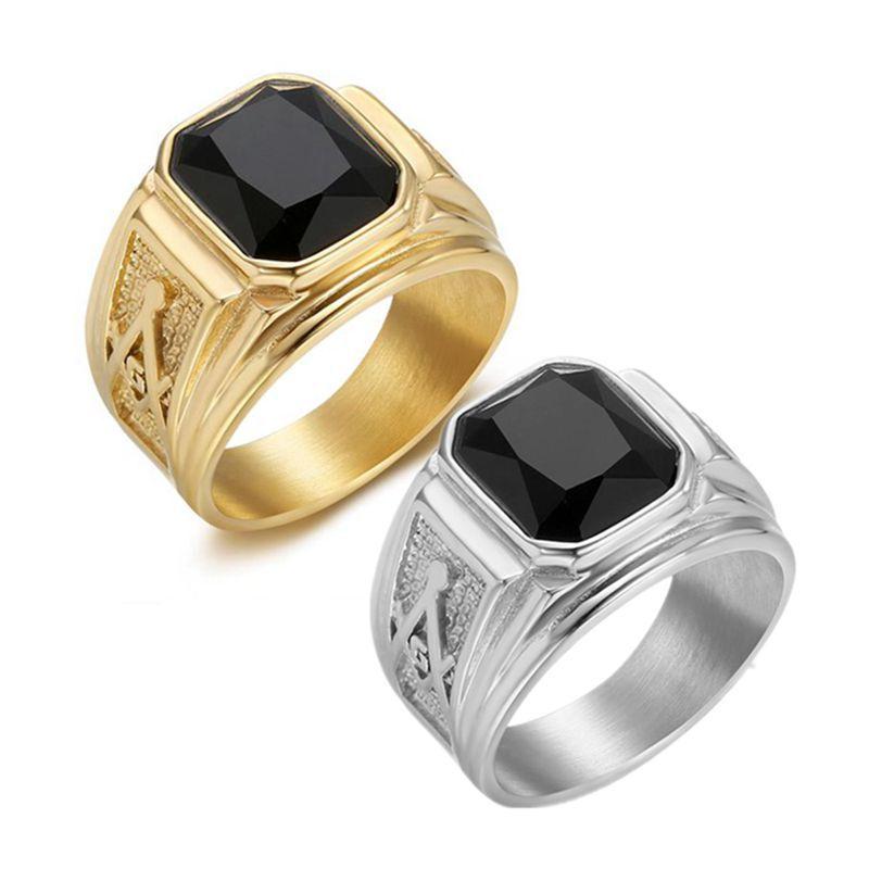Herren Retro Edelstahl Schwarzes Glas Freimaurerring Punk Schmuck