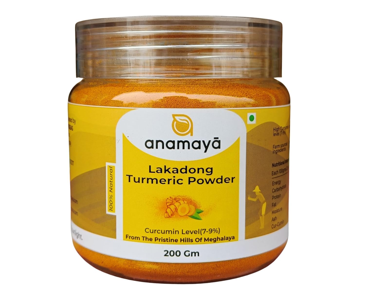 Anamaya Lakadong Turmeric Powder from Meghalaya | High Curcumin Lakadong Haldi | 7-9% Curcumin Content | 200g Natural Haldi Powder | Packed in a