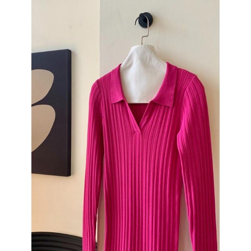 Temperament Sexy Rose Red V-Neck Slim-fit Knitted Dress Spring and Autumn New Skinny Muse Fan Dress