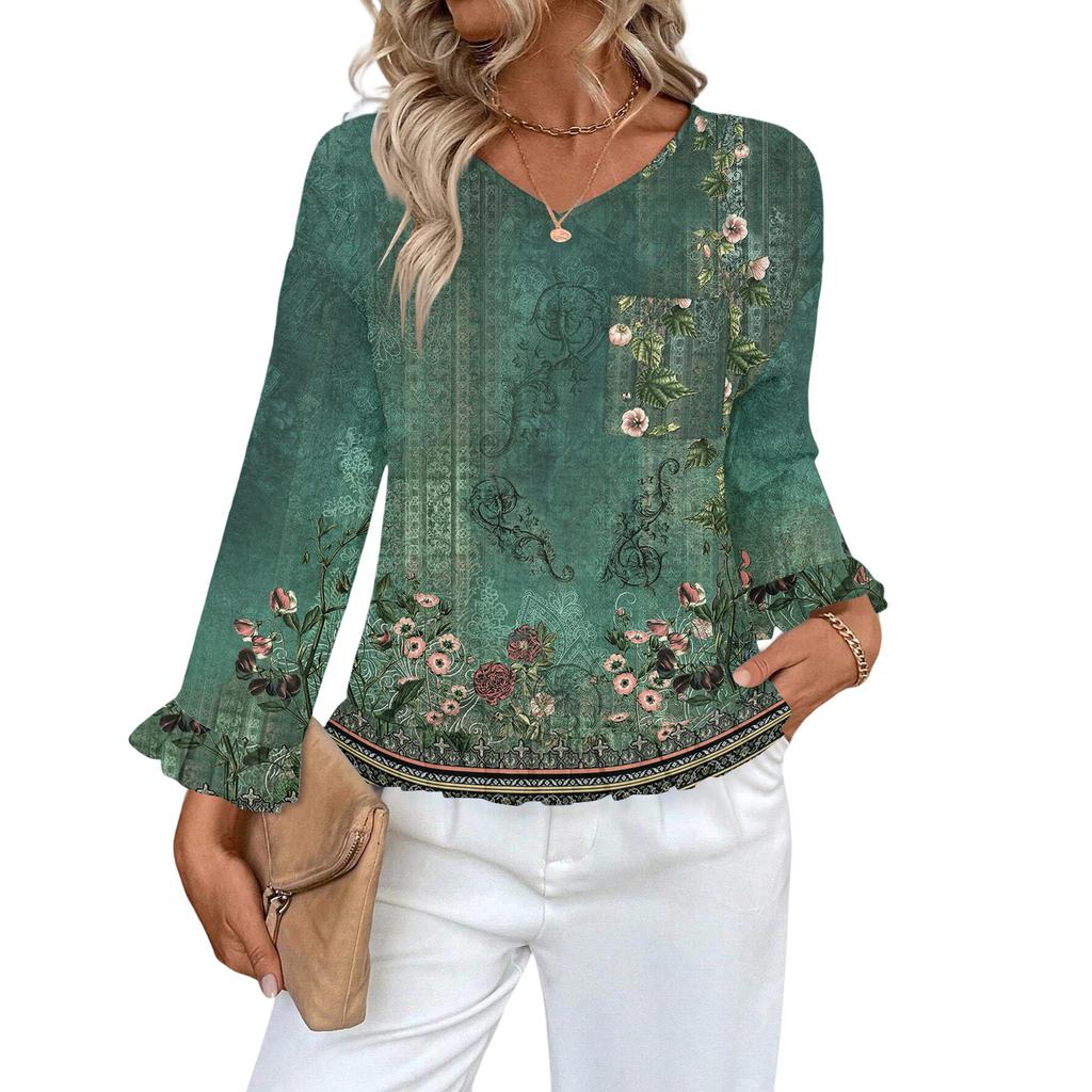 Women's Casual Fashion Ruffle V-Neck Pocket Retro Print Long Sleeve Top