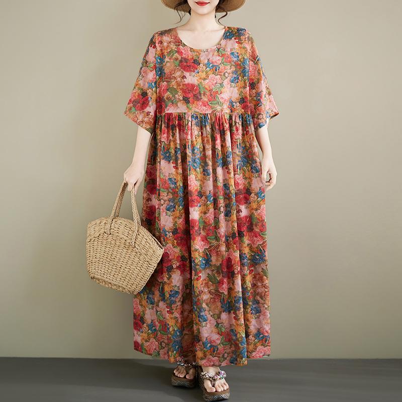 DIMANAF New 2026 Summer Beach Women Plus Size Lady Long Dress Loose Oversize Maxi Fashion Floral Print Cotton