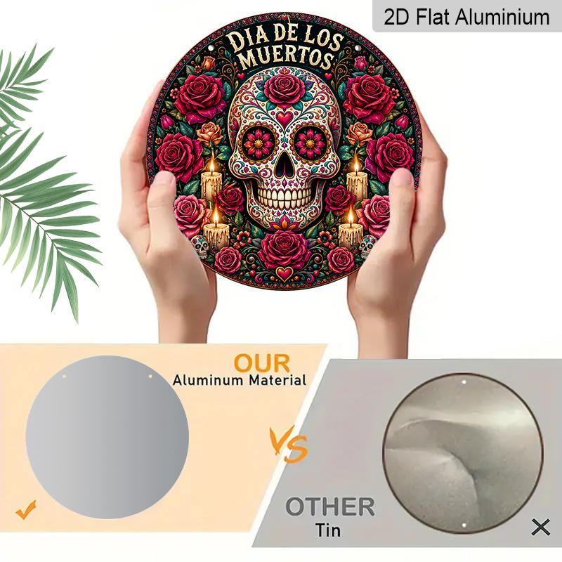 2D Flat, 1pc Dia De Los Themed Round Metal Hanging Sign, Traditional Mexican Folk Art Blooming Rose Candle Decor Plaque, Easy Hang Indoor Outdoor
