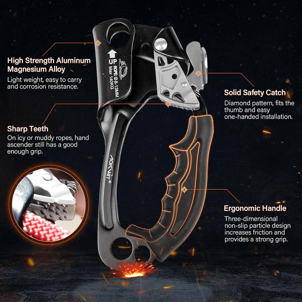 Hand Ascender High strength aluminum Alloy Climbing Ascender with Ergonomic Rubber Handle Strong Rappelling Gear Equipment for Rock Climbing Tree
