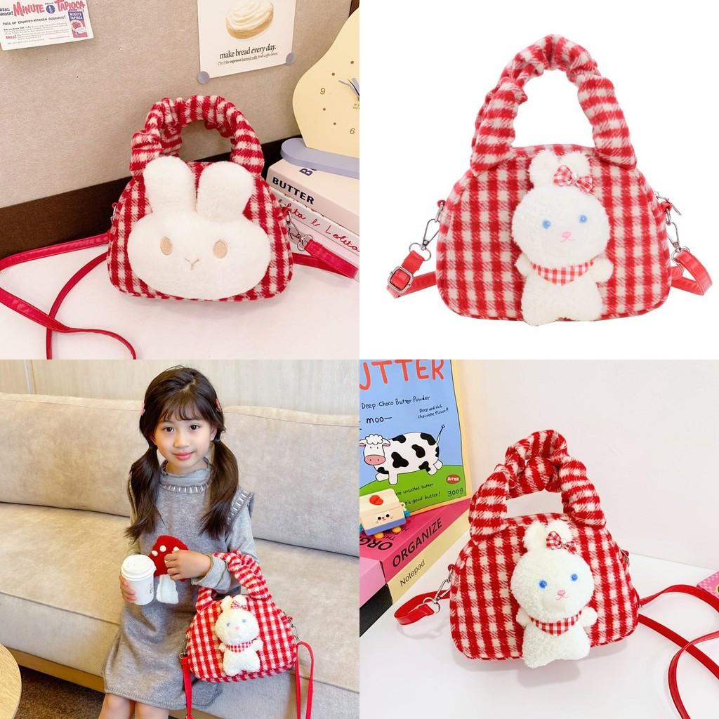 Adorable Plush Rabbit Design Korean Style Shoulder Bag For Kids With Stylish Checkered Pattern