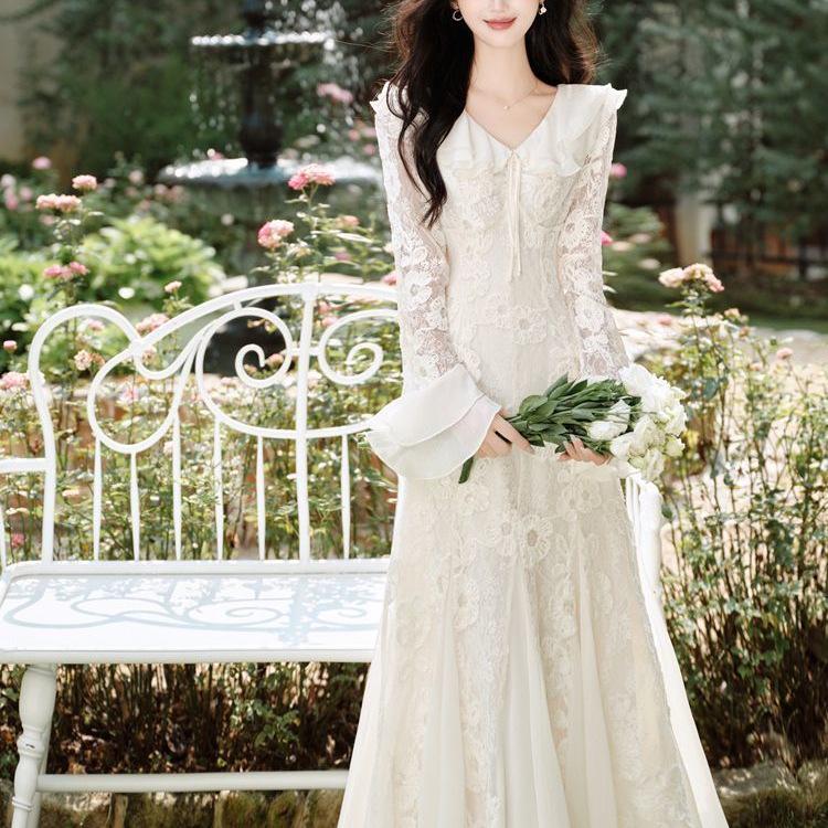 Women's V-Neck Lace Embroidered Mermaid Dress with Long Sleeves - French Gentle Style for Autumn
