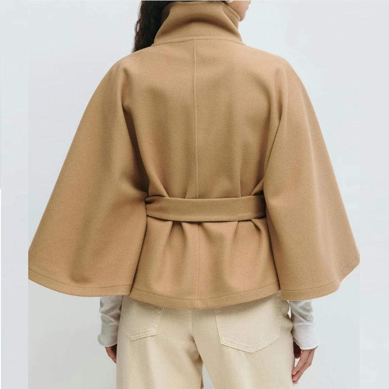 Fashion Women's Lace Up Woolen Cape Coats Loose Stand Collar Batwing Sleeve Button Black Gray Jackets Autumn Streetwear