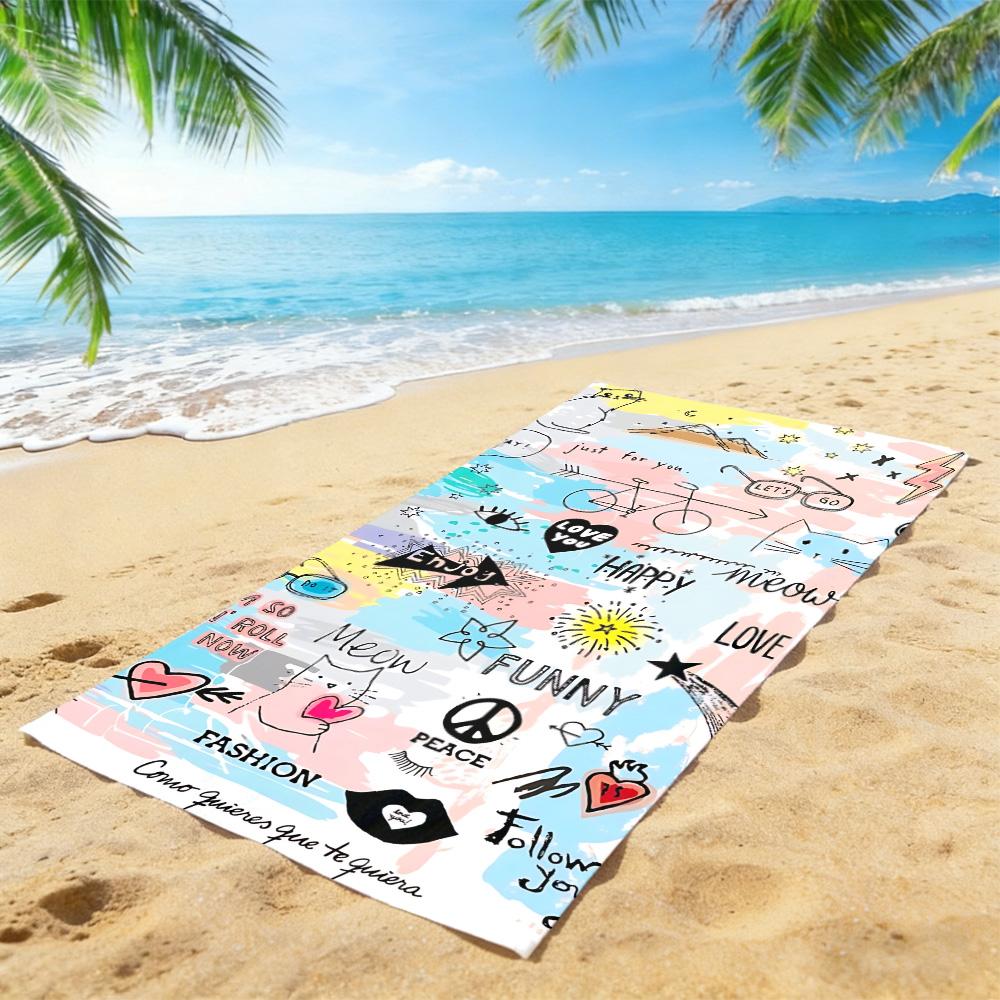 Doodle Art Love Beach Towel – Oversized Quick Dry Sand Free with Happy & Peace Sign Print