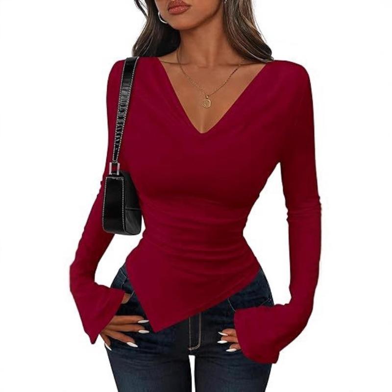 Autumn and Winter Women's Solid Color Long-sleeved Asymmetrical Top T-shirt Fashionable and Comfortable
