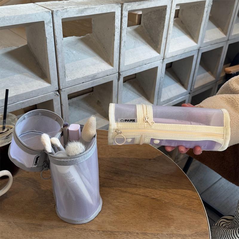 Mesh Dual-Use Makeup Brush Storage Bag Portable Brush Case Simple Large Capacity Brush Bucket Holder Travel Stand-Up Pouch