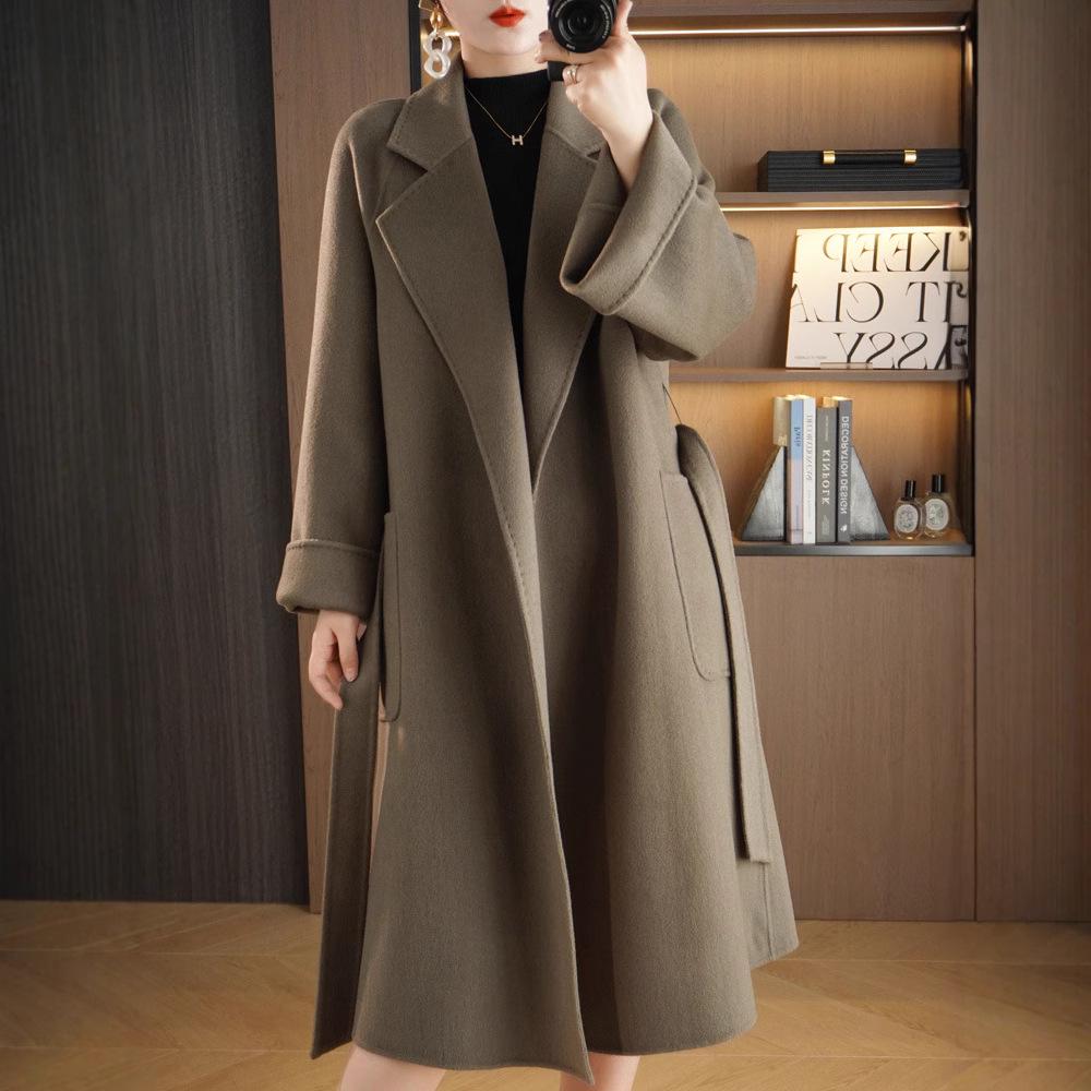 Women's Extra Long Double-Sided 100% Wool Coat with Belt for Autumn and Winter