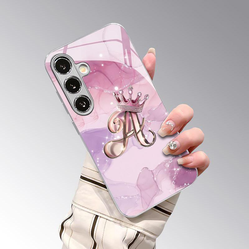 2D Crown Letter Pattern Phone Case for Samsung S26 S25 S24 S23 S22 S21 S20 A56 A36 A16 - Electroplated Glass Protective Cover