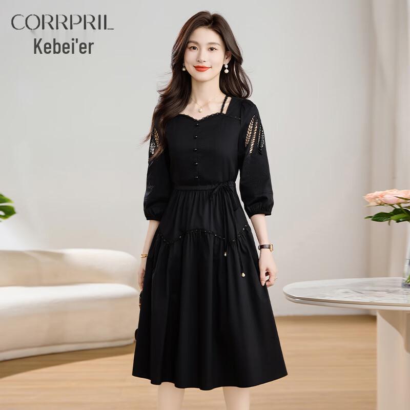 KeBeiEr Women's Black French Style A-Line Seven-Sleeve Dress