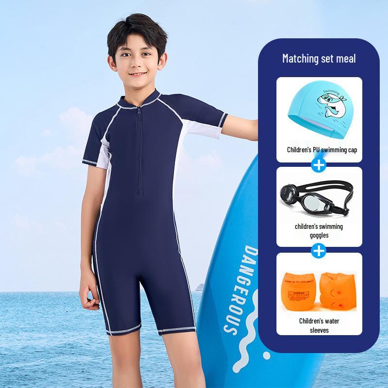 Boys' Quick-Dry One-Piece Training Swimsuit with Sun Protection for School Teens