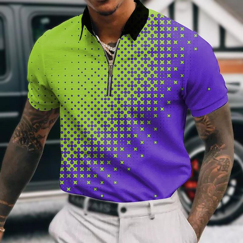 

Мужская рубашка-поло, повседневная рубашка на молнии с коротким рукавом, модная повседневная рубашка на молнии на лето и весну, стандартная посадка, рубашка с 3D синим принтом снежинок M фиолетовый