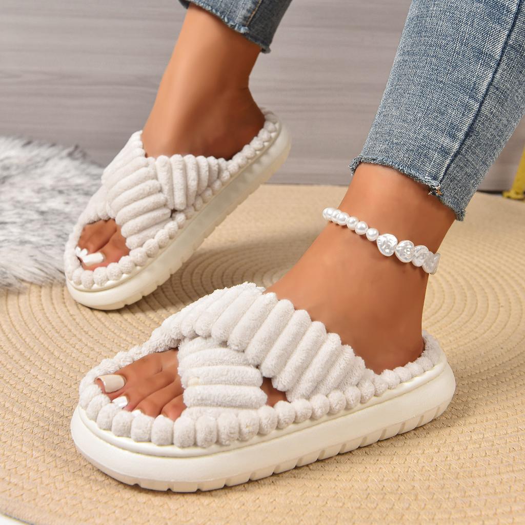 Fashion Women Corduroy Cross Strap Home Slippers Men Soft Warm Flat Slides Family Indoor Fashion Concise Plush Sandals for Four Seasons