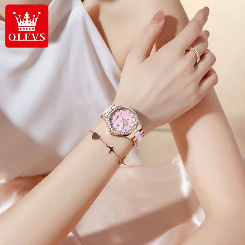 OLEVS Womens Watch Luxury Elegant Fashion Rhinestone Bezel Ceramic Strap Wristwatch Waterproof Date Watches