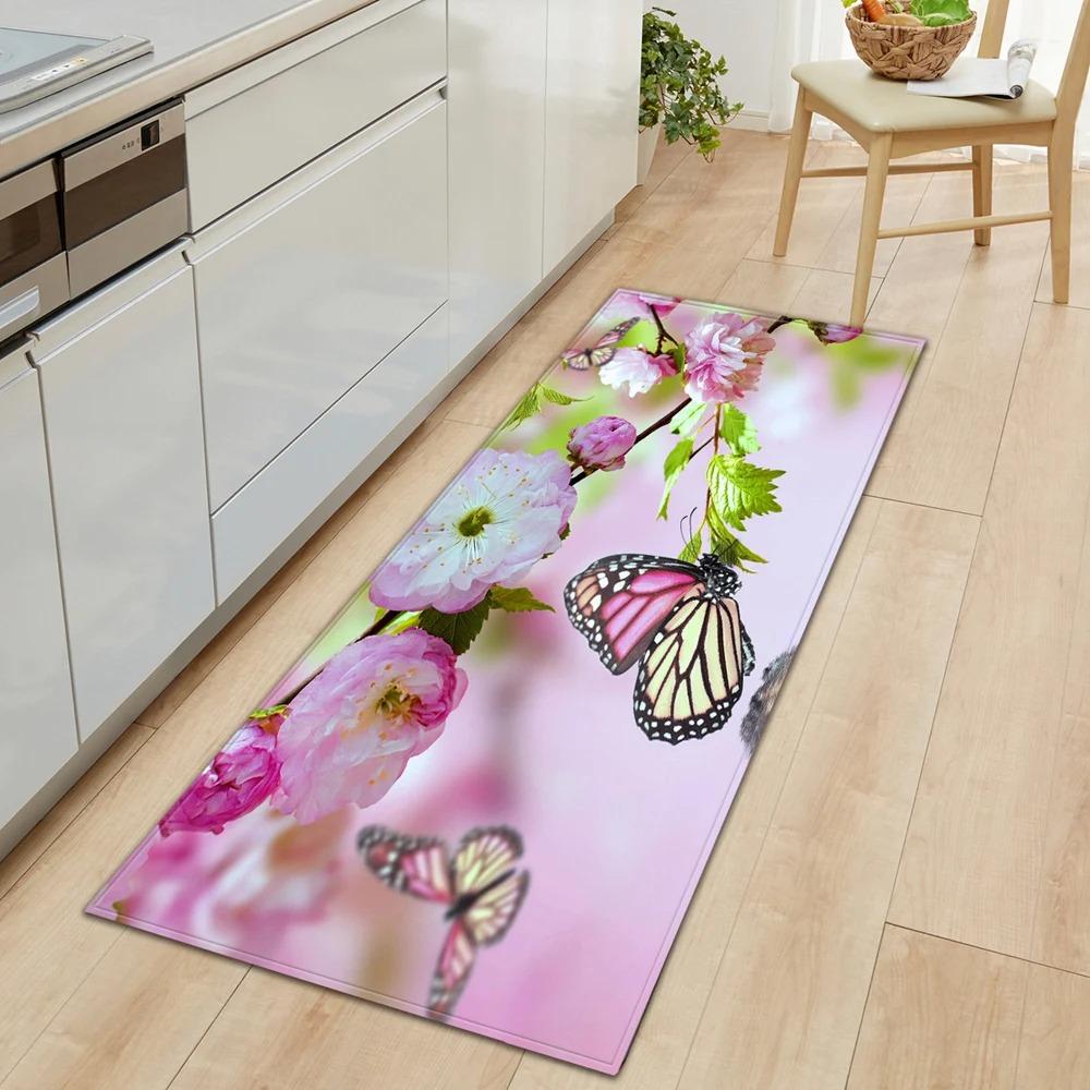 Butterfly Flower Pattern Home Kitchen Floor Mat Door Front Decoration Floor Mat