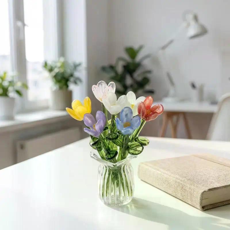 6/7Pcs Mini Lifelike Glass Flowers Simulation Flowers Handcrafted Floral Sculpture Floral Bouquet With Vase Home Decoration Gift