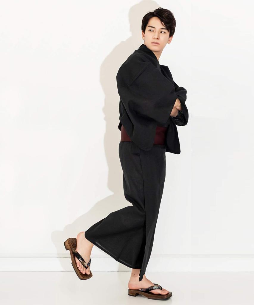 Yukata set Plain x Black Square [Kyoetsu] Men's Set, Black, Navy, Stylish, C, 4-piece (M, C-7. (One-touch Obi, Purple))