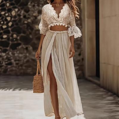 Dames Kant Crop Top Rok Set V-hals Korte Mouw Kant Afwerking Top Hoge Split Maxi Rok Tweedelig Outfit