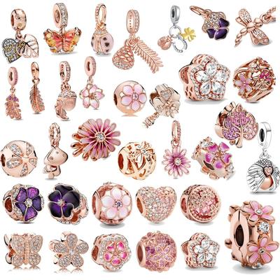 Charms de Margarita Mariposa Libélula Rosa Bañados en Oro Rosa para Pulsera de Plata 925 Joyería para Mujer DIY