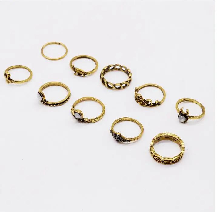 Retro Creative Fashion Gifts 10Pcs Set Gold Boho Fashion Arrow Moon Finger Knuckle Rings Jewelry Opal Ring Jewelry Accessories