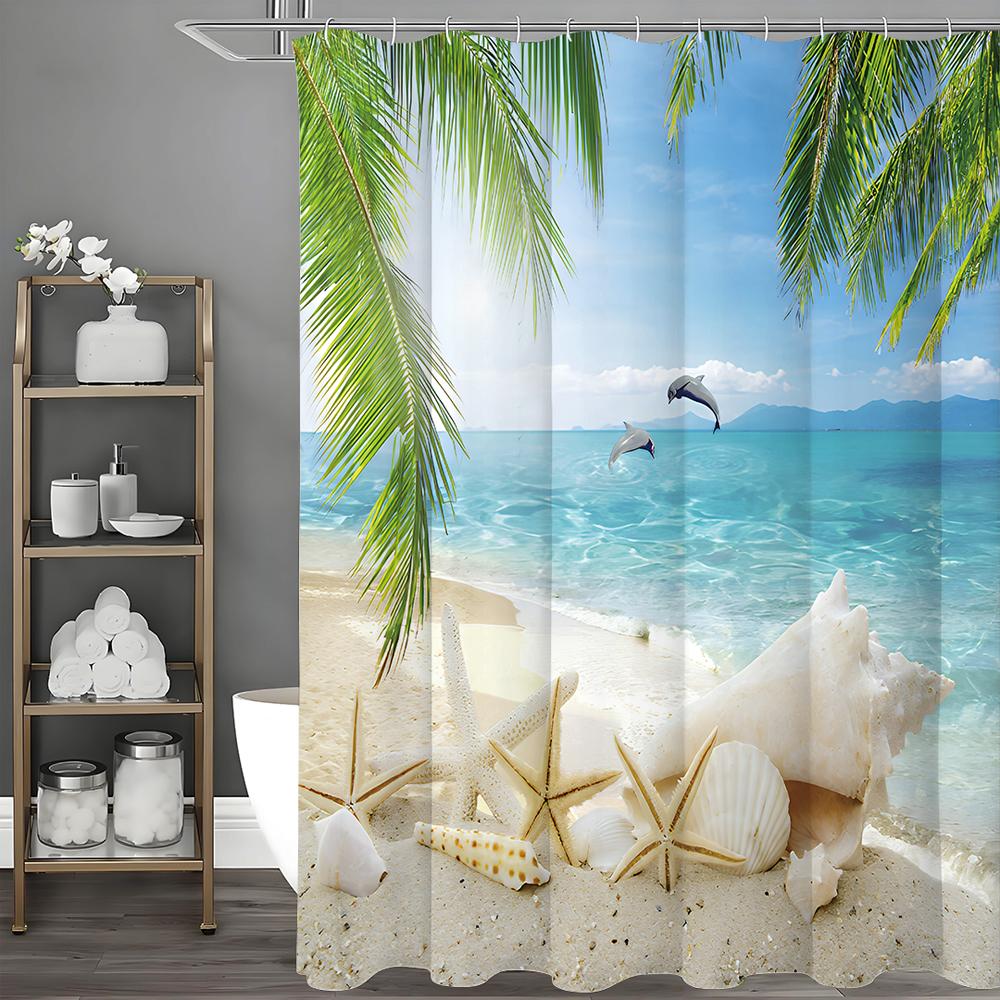 Starfish Shell Shower Curtain, Ocean Beach Island Palm Tree Dolphin Starfish Shell Bathroom Decorative Shower Curtain, Waterproo
