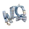 Sky Blue Plaid Mori Style Dog Collar and Engravable Leash Set