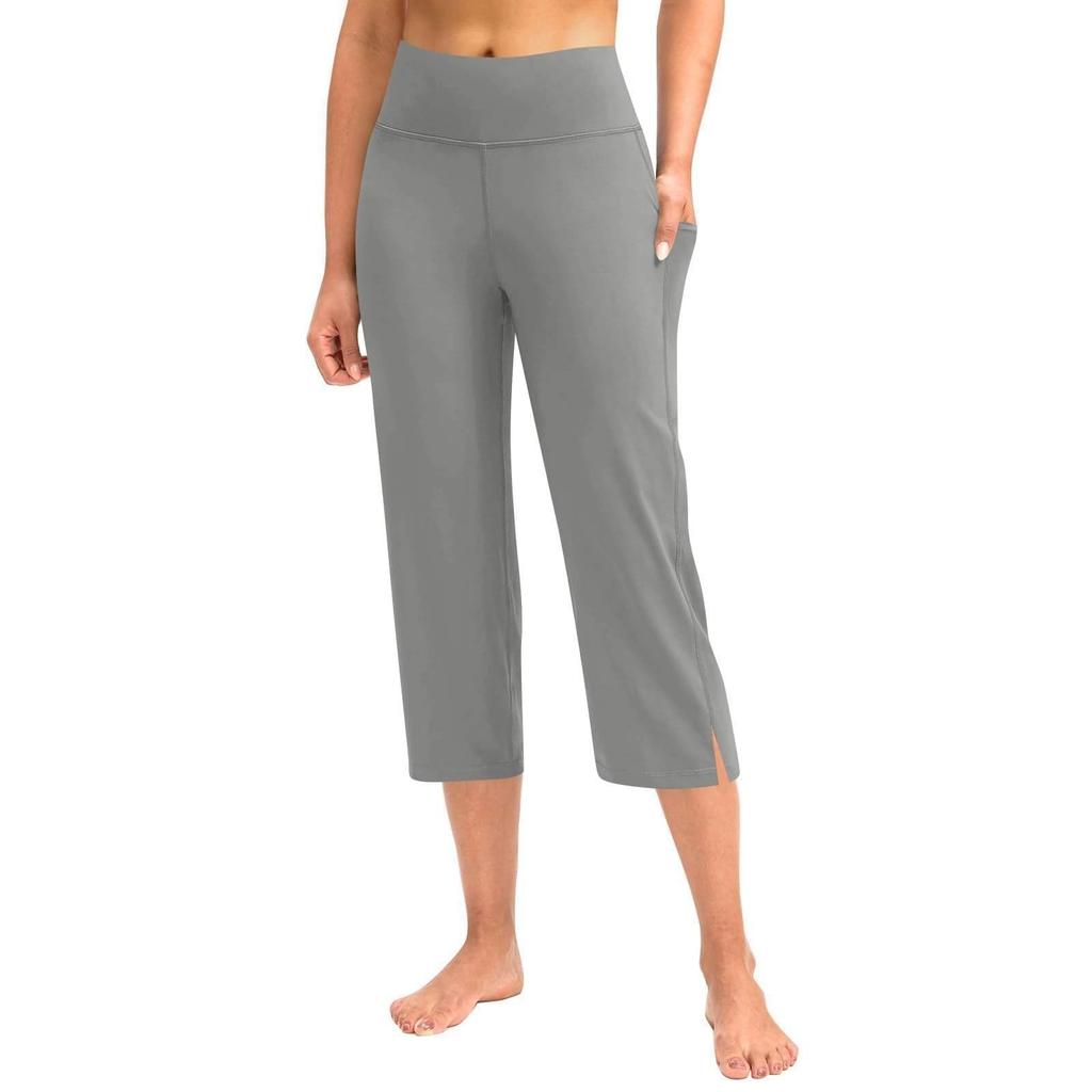 Kvinner Elastisk Høy Midje 3/4 Bukse Casual Aktiv Passform Vide Capri Leggings Bukser Bukser Med Lommer