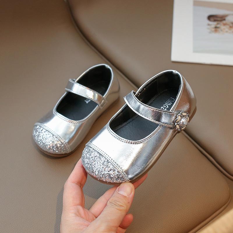 Girls Pearl Decor Glitter Toe Metallic Leather Mary Jane Flat Casual Shoes 16 серебряный