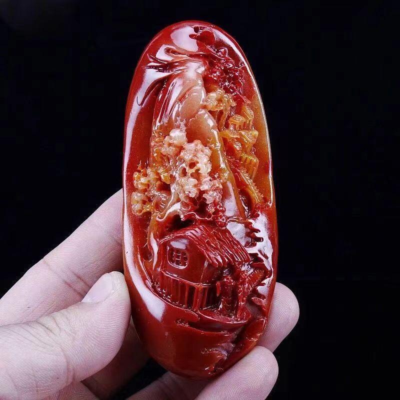Chinese Antique Huanglong Jade Carved Landscape Waist Tag Pendant