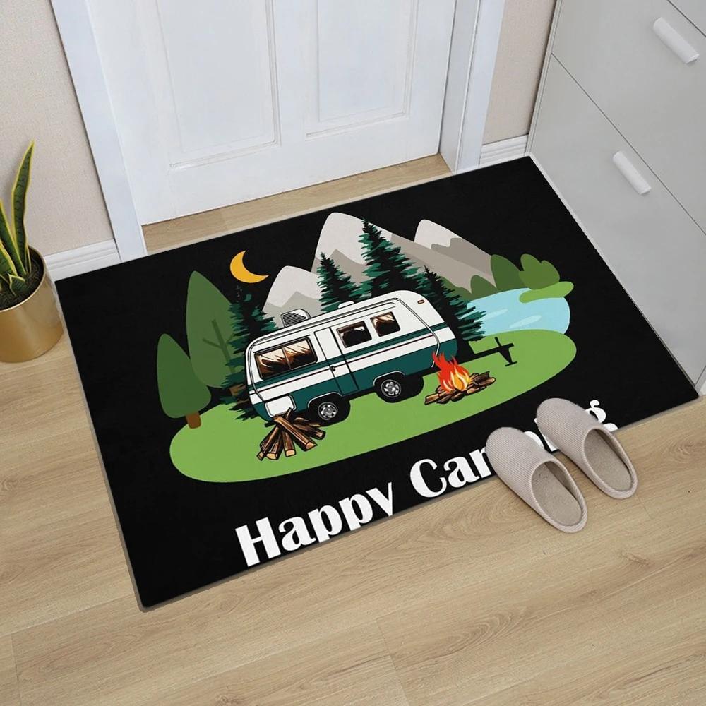 Happy Camper Theme Doormat - Indoor Outdoor RV Camper Mat Funny Doormat Entry Trailver Rug Gift