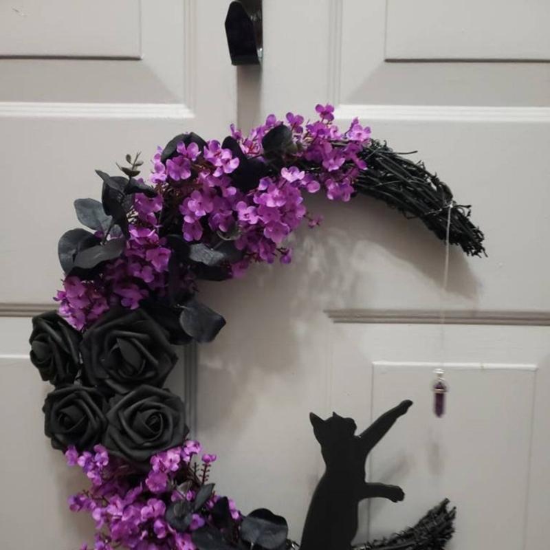 Halloween Wreath for Front Door Moon for Cat Rose Flower Garland Hanging Ornament Farmhouse Home Indoor Outdoor Decorations