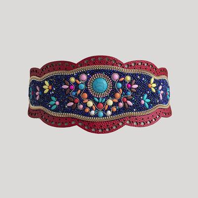 Boho Style Heavy Industry Turquoise Hollow Ethnic Style Pattern Elastic Ethnic Style Yunnan Travel Photo Elastic Tight Women's Waist Seal