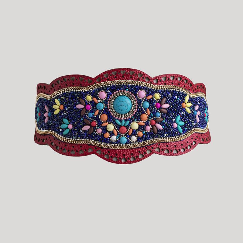 Boho Style Heavy Industry Turquoise Hollow Ethnic Style Pattern Elastic Ethnic Style Yunnan Travel Photo Elastic Tight Women's Waist Seal