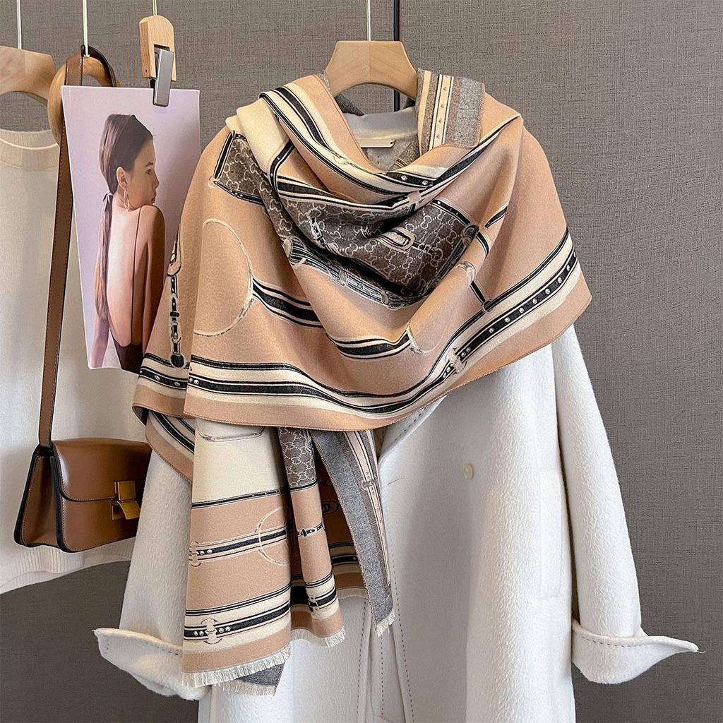 Orange Geometric Pattern Imitation Cashmere Scarf & Shawl – Versatile, Warm, Autumn/Winter Wear