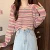 French Retro Designed Striped Knit Top Women's Spring Autumn Irregular Loose Short Long Sleeve Top