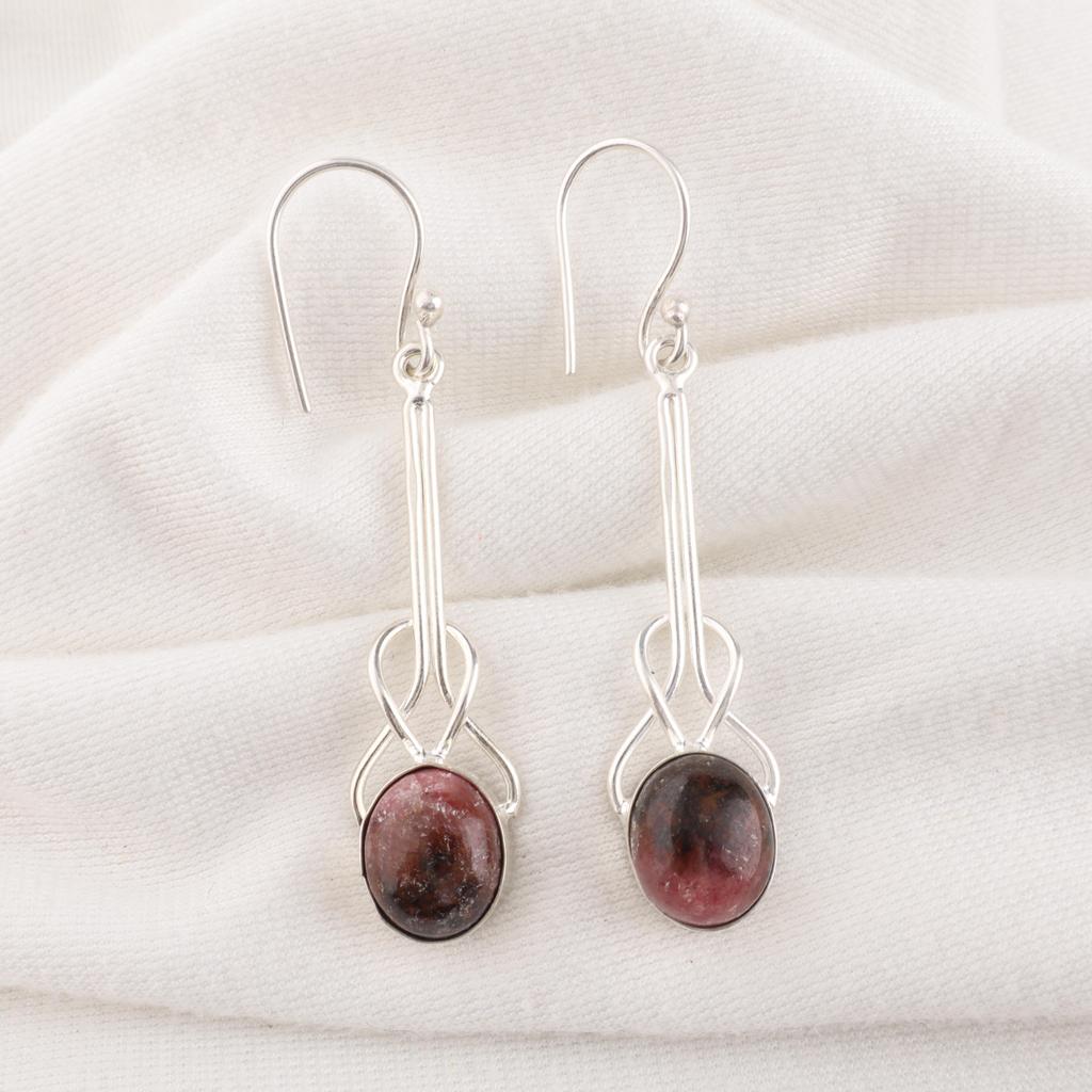 Black Rhodonite Gemstone Jewelry, 925 Solid Sterling Silver Earring,  Handmade Gorgeous Silver Boho Earrings For Wedding Gift